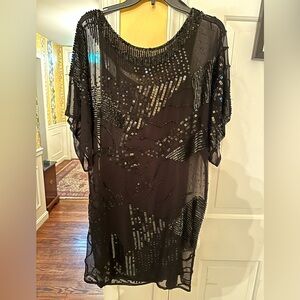 Black sequin shift dress sheer outer layer inner slip dress